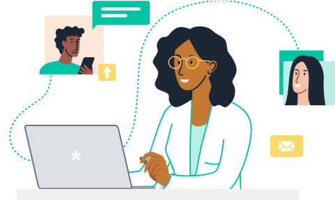 doctoralia, crear perfil gratuito, ilustración de doctora en su compurtadora revisando pacientes